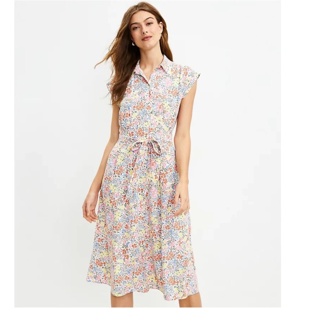 LOFT Floral Midi Shirt Dress in Multi-Color